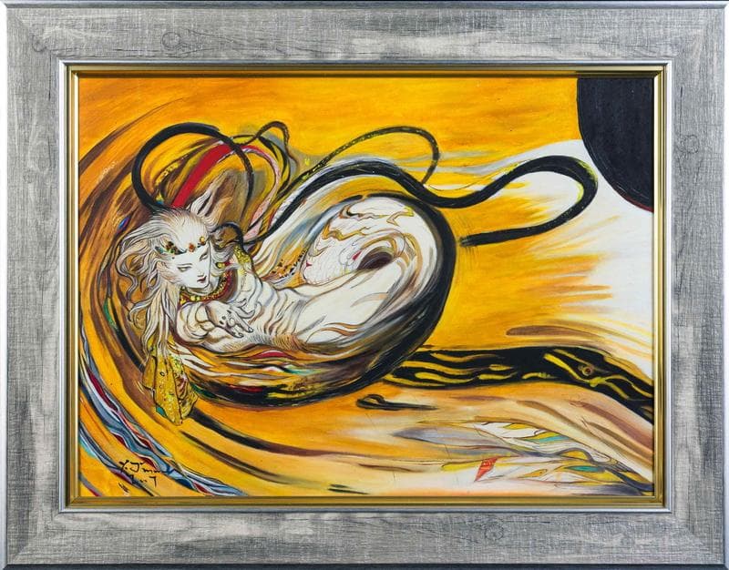 天野喜孝 油彩 肉筆『飛天風神』表サイン 裏サイン P8号 額装 b767