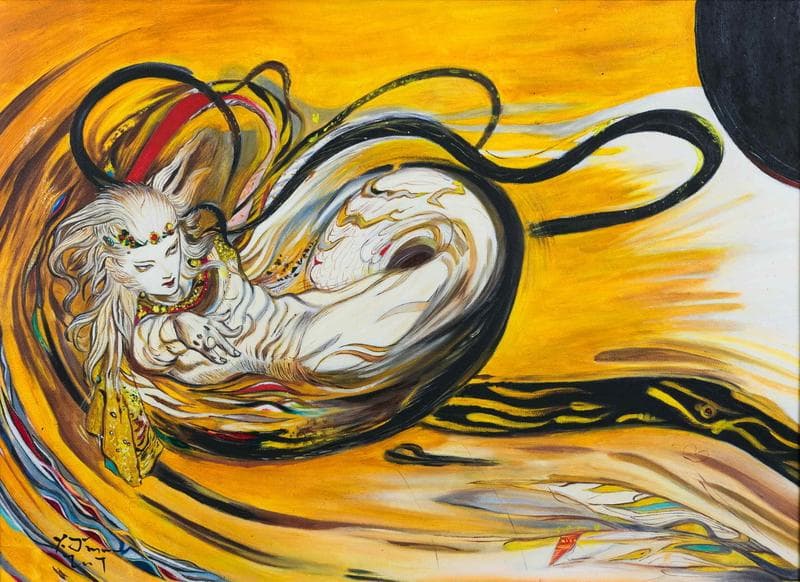 天野喜孝 油彩 肉筆『飛天風神』表サイン 裏サイン P8号 額装 b767