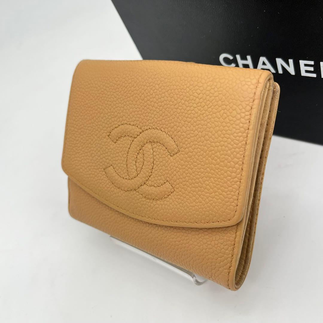 シャネル 二つ折り財布 ココマーク キャビアスキン Wホック レザー ベージュ