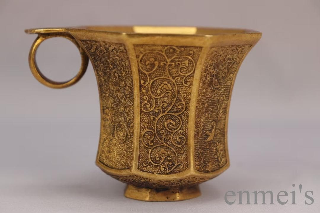 中国古美術 旧蔵 唐代 大唐貞觀款 鍍金銅酒杯 精銅製