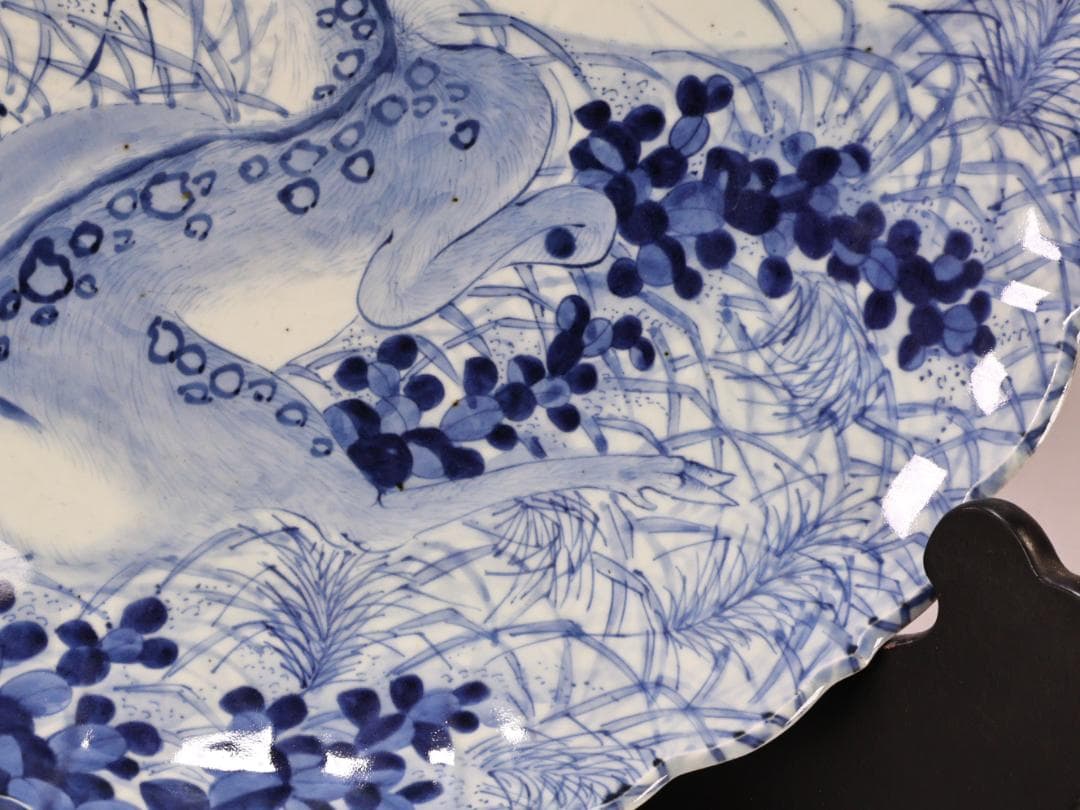 BK265　江戸期　古伊万里　古染付鹿文　大皿　49㎝　二重角福　1尺6寸