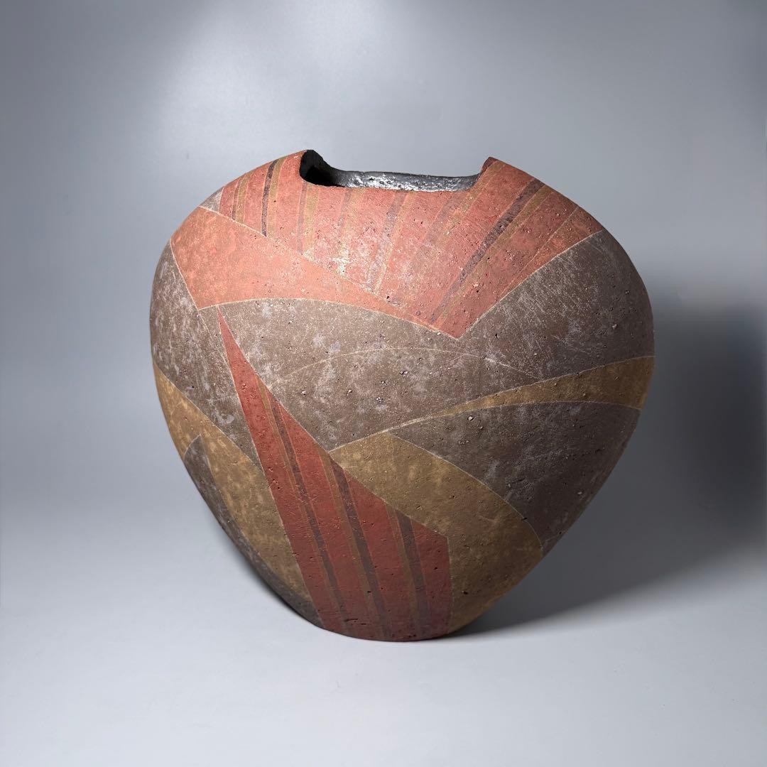 石原祥嗣 本人作 「暗泥彩花器」 高さ39cm 共箱 エントランス オブジェ