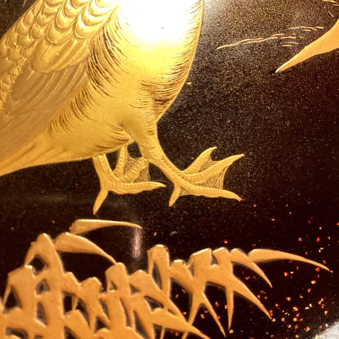 A1020木製輪島塗　水辺に雁　金蒔絵盆　金縁　蒔絵　菓子盆　香盆