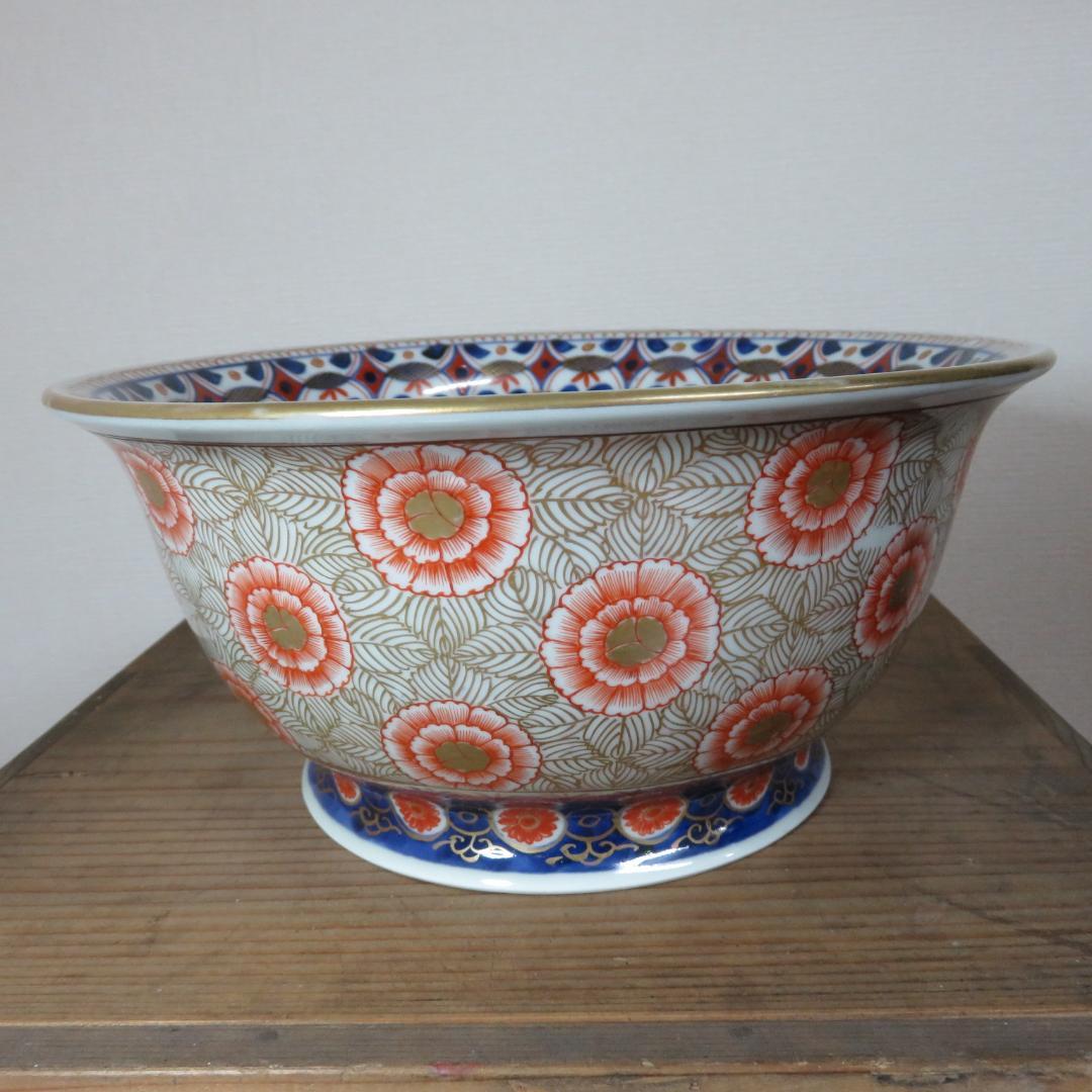 丼 鉢 花文様 金彩 色絵付 染付 窯傷 歪み 共箱 金魚鉢 明治