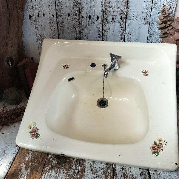 ヴィンテージ ホーロー ベイスン シンク 花柄 洗面台 琺瑯 流し 手洗い