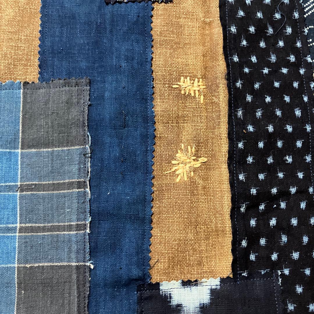 柿渋染め酒袋古布型染め雪ん子格子、縞木綿庄内刺し子ポケット