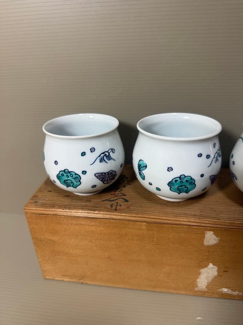 2191 源右衛門 染付花草浪花文 湯呑 5客