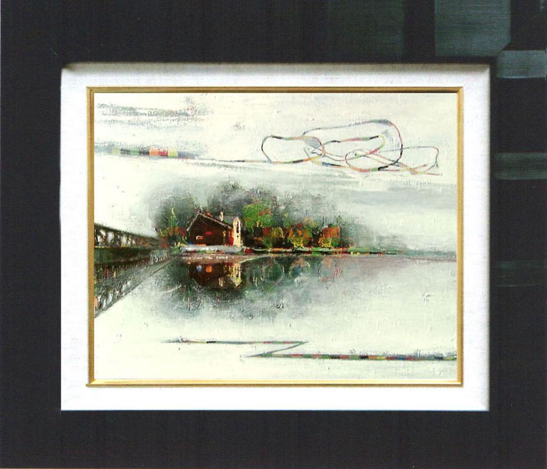 油絵 菅家令子 絵画インテリア額付(青緑＋金色の枠) uF6-062803風景橋