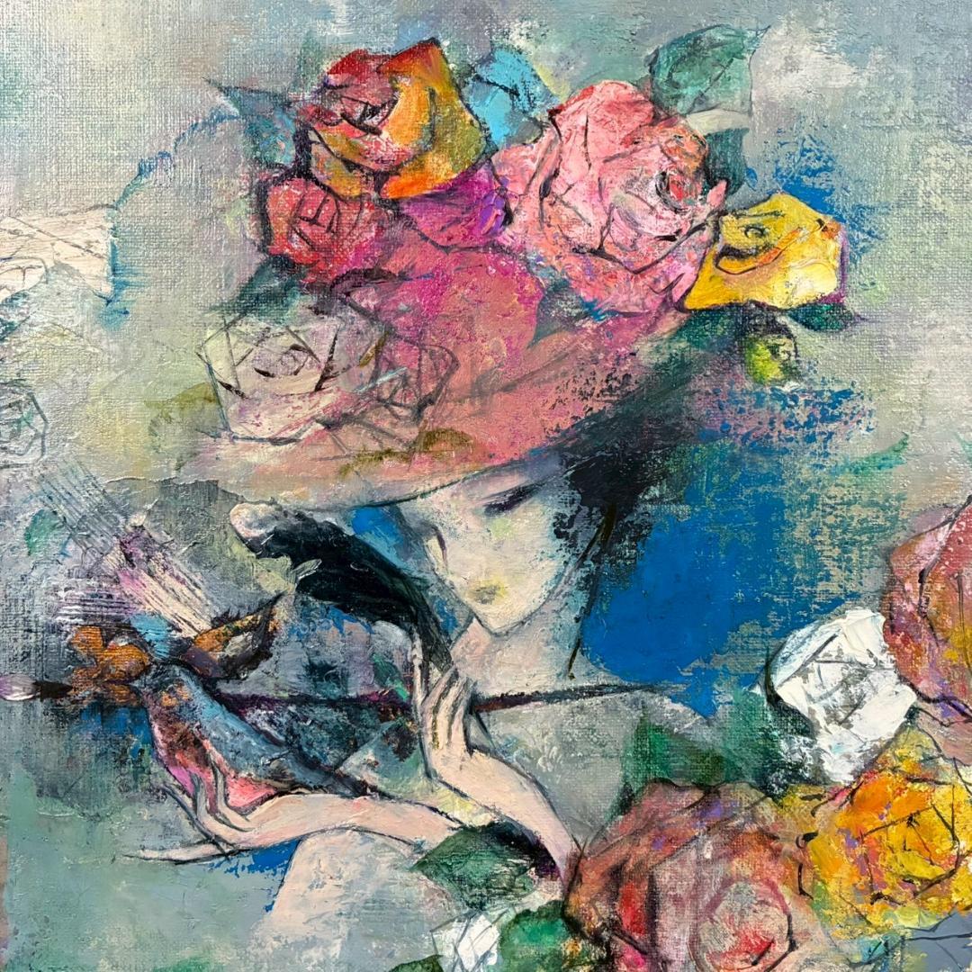 美品 山田幸見「筆と羽根と…」キャンバスに油彩 直筆サイン入 一枚の絵