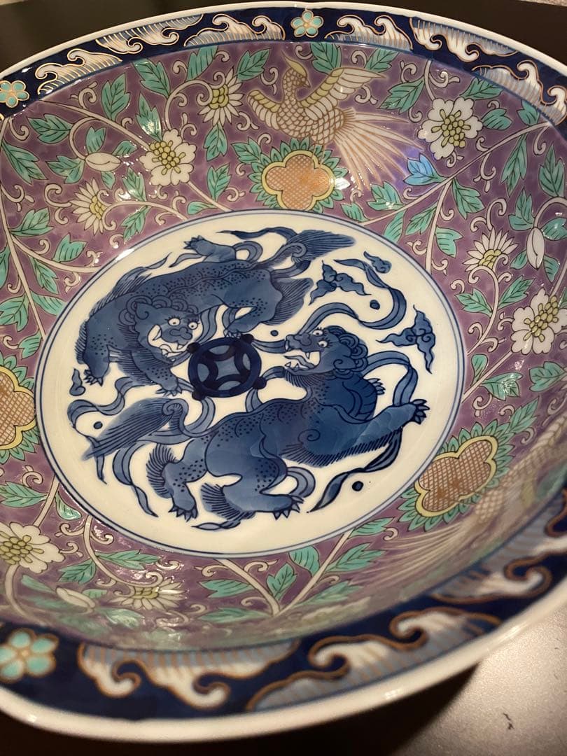 未使用品　有田焼　古伊万里　富貴長春　金彩 花鳥唐獅子 鳳凰　大皿 深皿　唐草