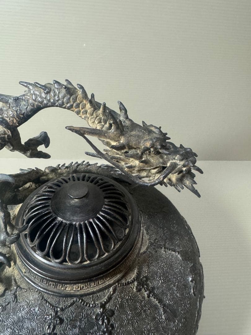 2069 高岡銅器 金工師 米田秀保 造 蝋型鋳銅 立龍提手