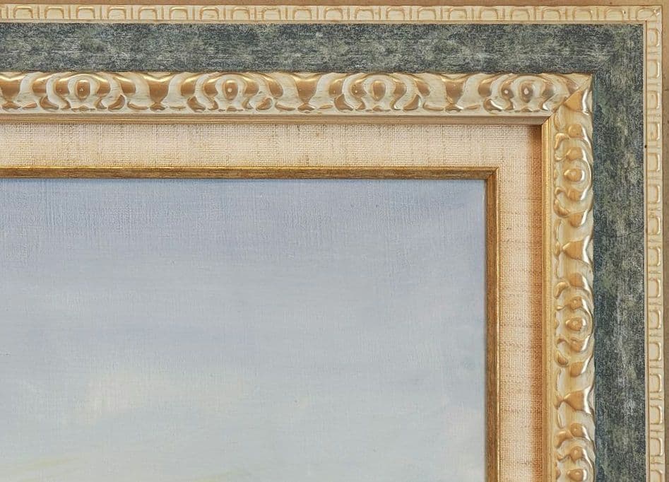 送料込】F30号 大型 油彩額縁 アクリル板 風景画付 空色と銀系 107cm