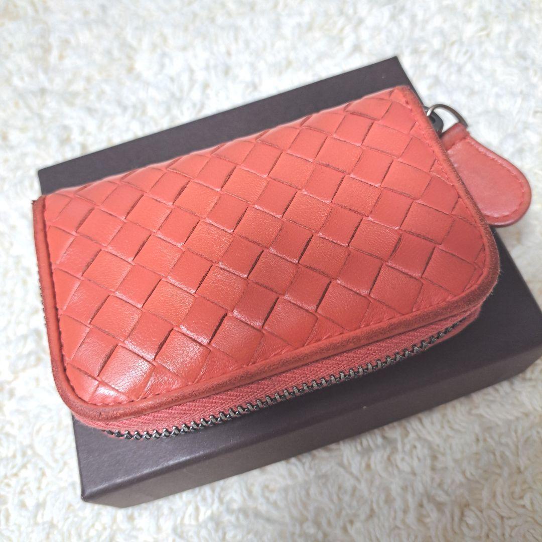 ボッテガヴェネタイントレチャートレザー本革小銭入れケースラウンドジップ