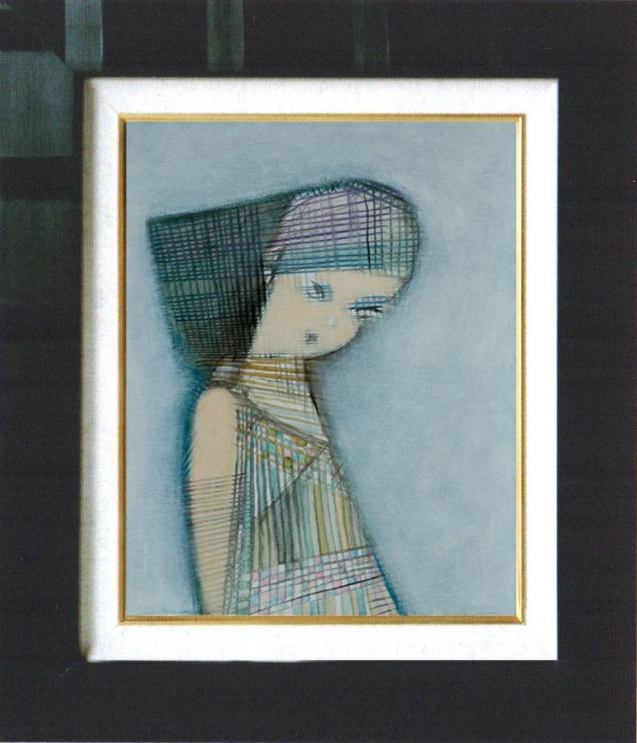 油絵 菅家令子 絵 絵画インテリア額付(青緑＋金色の枠) F4-071312