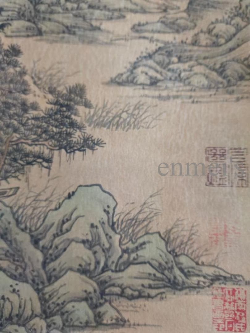 中国古美術 明代 文徴明作款 山水画 水墨画 絹本 三尺 手描き 掛け軸