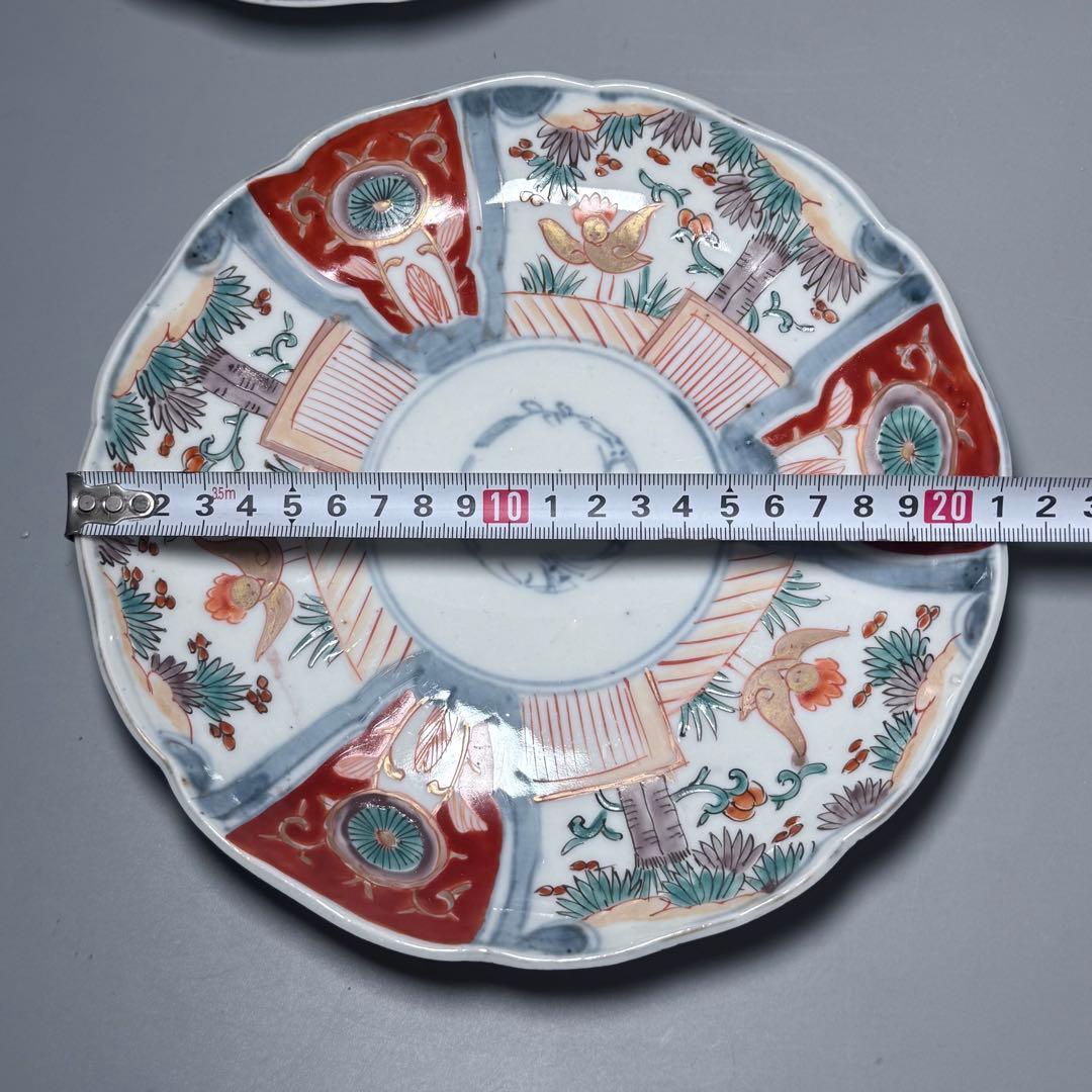 古伊万里 色絵花鳥図輪花形七寸皿 5枚 松竹梅 裏巻物文様