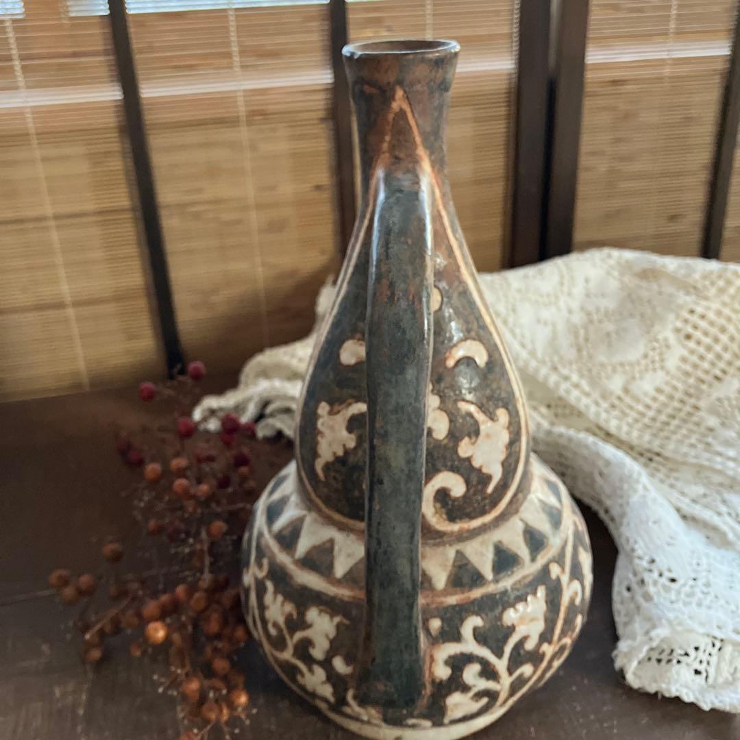 アジア 骨董 水差し 陶器 ヴィンテージ 唐草模様