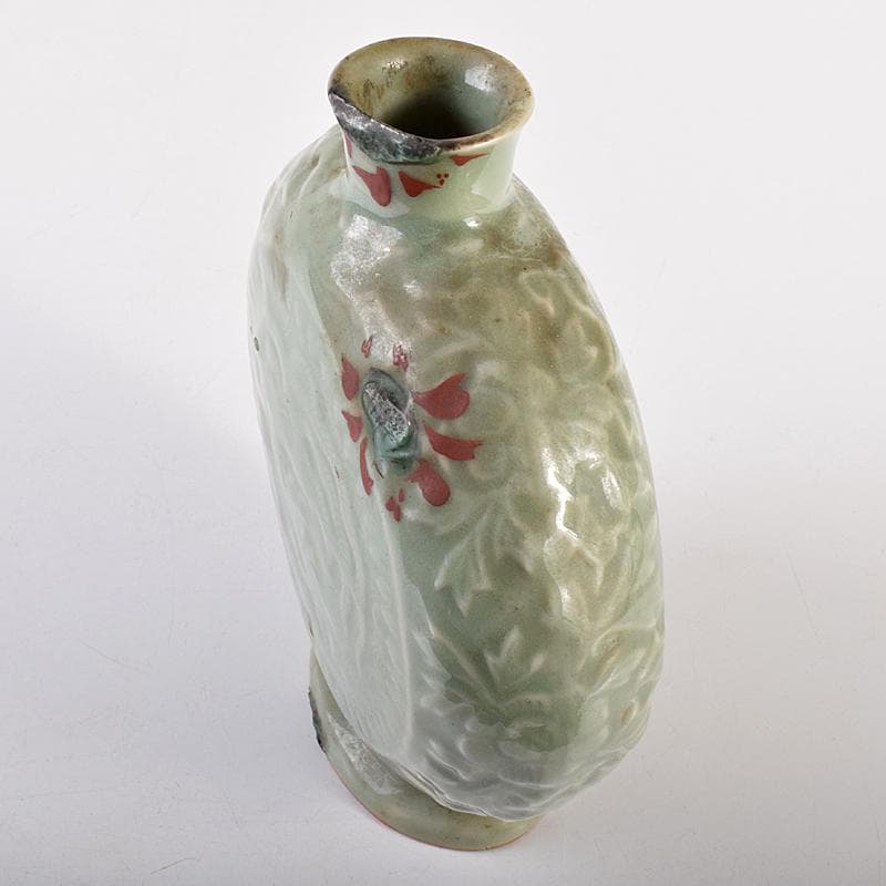 中国 龍泉窯 青磁 陽刻 龍鳳凰花文 扁壷 V R7826 美術品・アンティーク