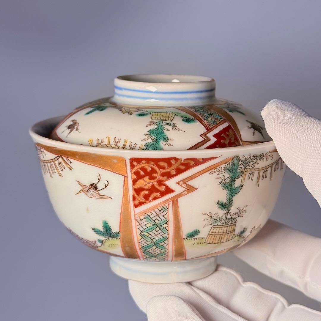 幕末～明治期 色絵鶴亀文様蓋物 五客 納箱付 料理屋 古
