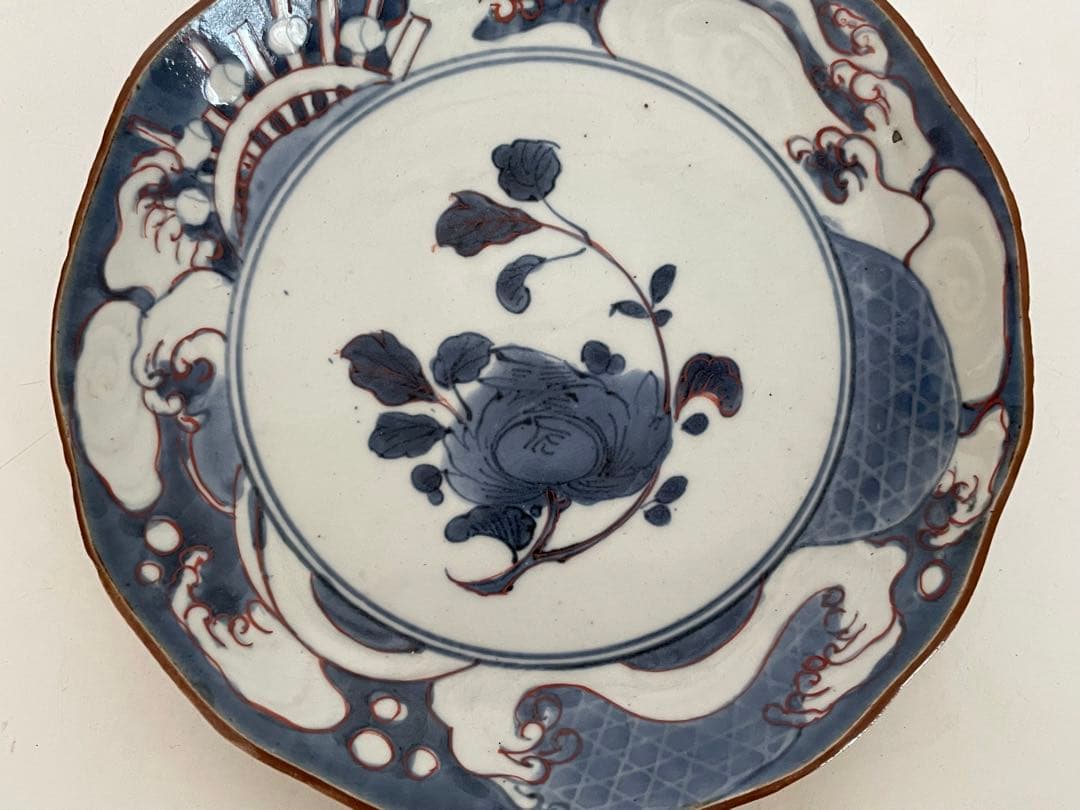 骨董 アンティーク 藍九谷 古九谷金銀彩 輪花 七寸皿 牡丹 蛇籠 水車