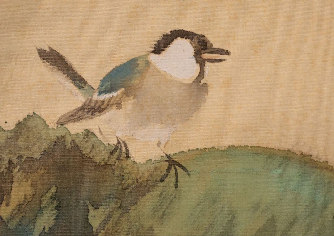 【模写】日本画 南部春邦 鳥 風景図 絹本 掛軸 彩色 明治大正 MB154