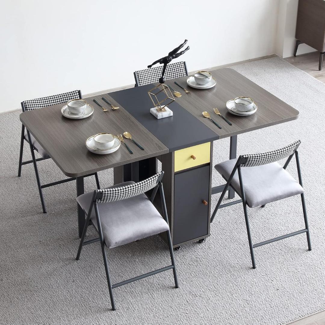 折りたたみダイニングテーブル 物置棚と2つの物置引き出し付き