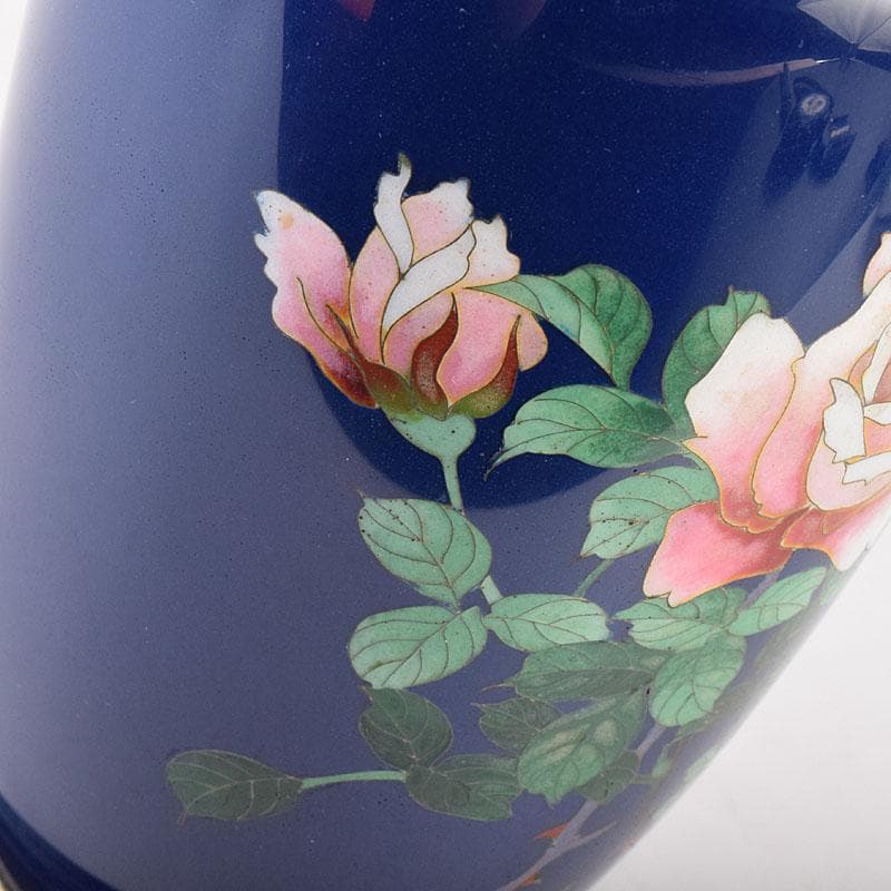 七宝焼　薔薇文　花瓶　唐木台付　時代箱　M　R9058