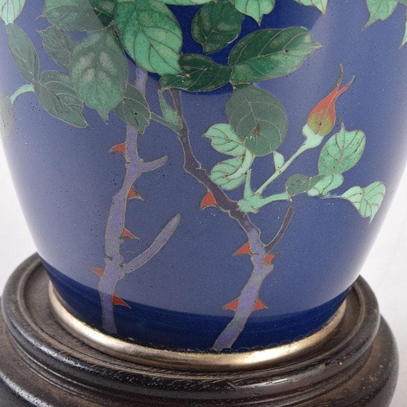 七宝焼　薔薇文　花瓶　唐木台付　時代箱　M　R9058