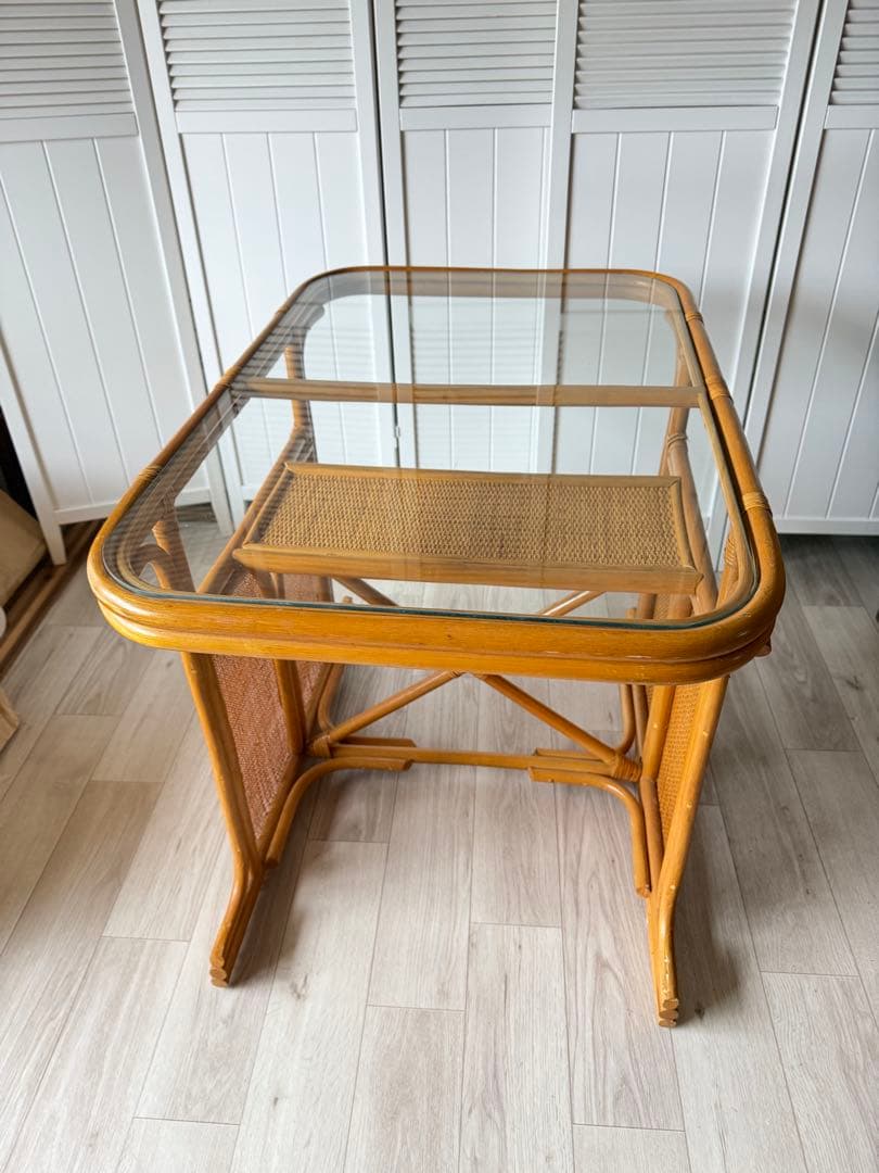 ラタン ガラステーブル 籐 ダイニングテーブル レトロ ビンテージ
