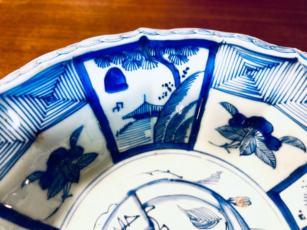 江戸期　古染付芙蓉手　間取山水　深鉢