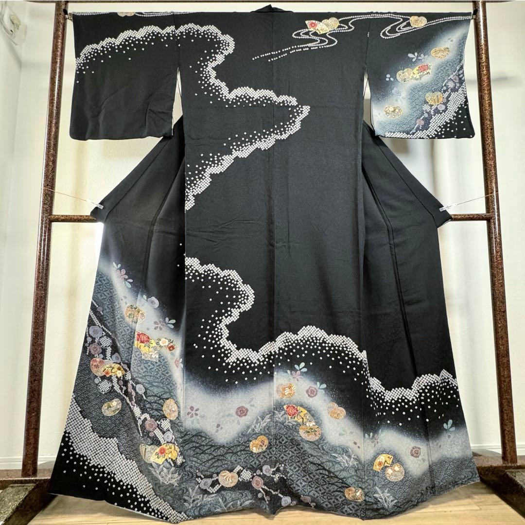 超美品 正絹 袷 訪問着 現代 着物 168裄70 黒 グレー 絞り トール