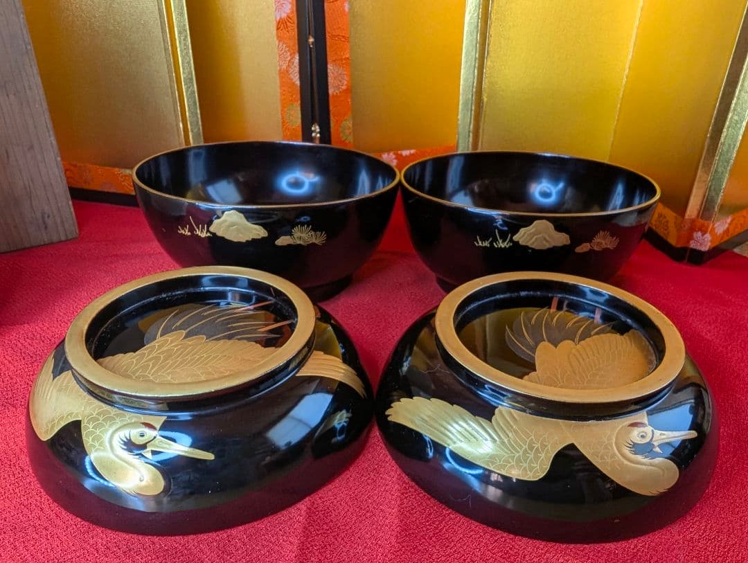 明治時代 輪島塗 金蒔絵 椀 2客 鶴亀 お正月用 木製 汁椀 菓子