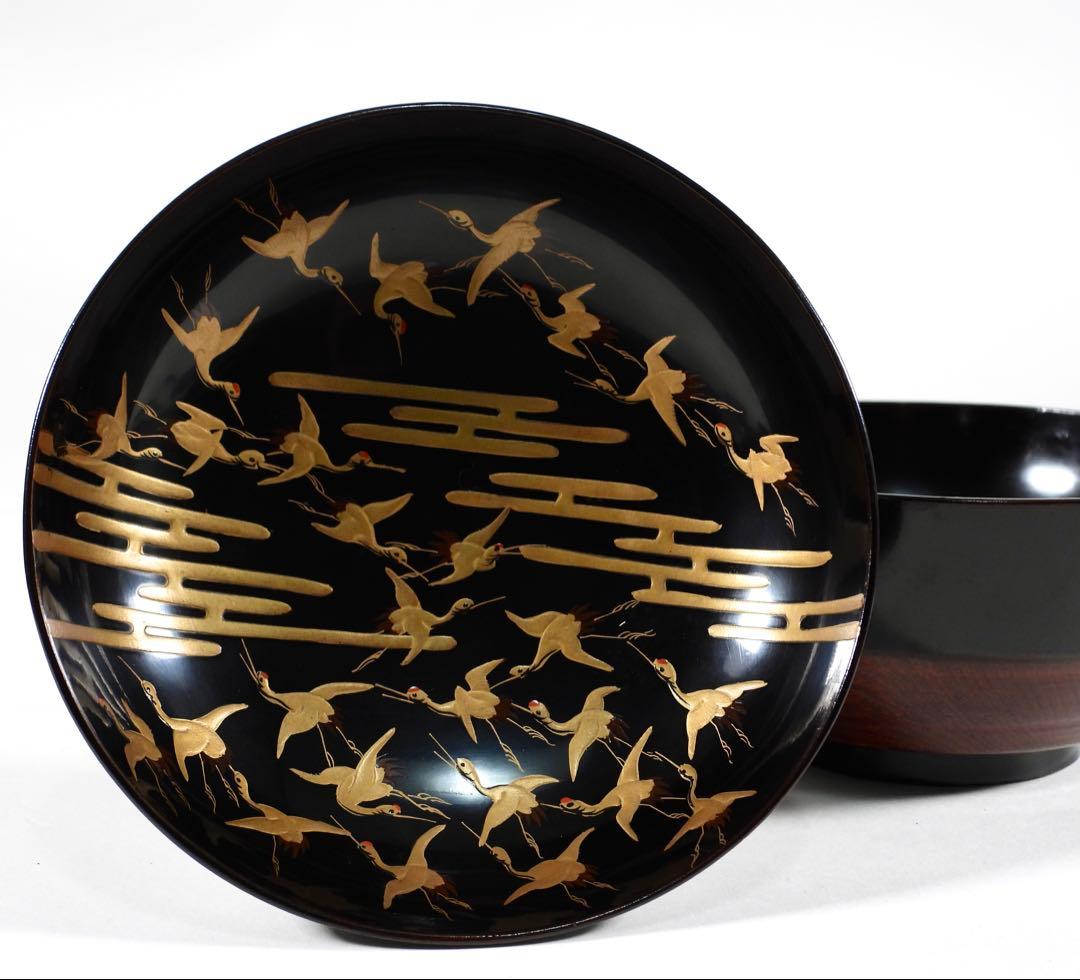 【ゆりかご】金蒔絵 千羽鶴 黒塗煮物椀 10客 木製漆器 天然木