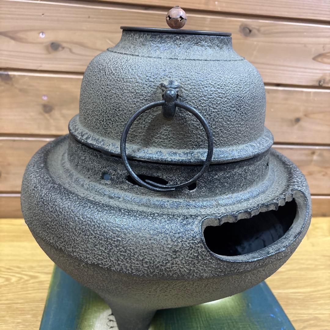 美品】茶道具/朝鮮風炉釜 茶器 鉄瓶 鉄釜 唐銅蓋 釜環 茶釜 台付