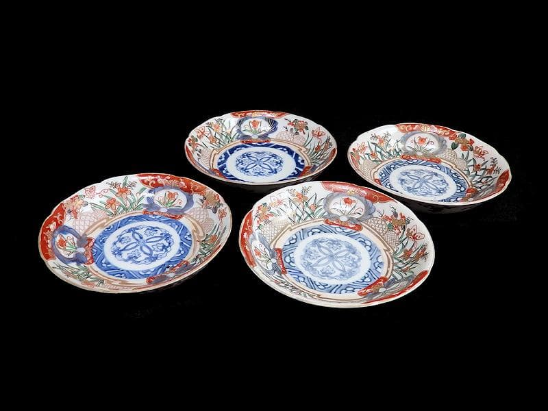 古伊万里　色絵　蝶に菖蒲の図　４寸皿　４枚　C232AS-WWs