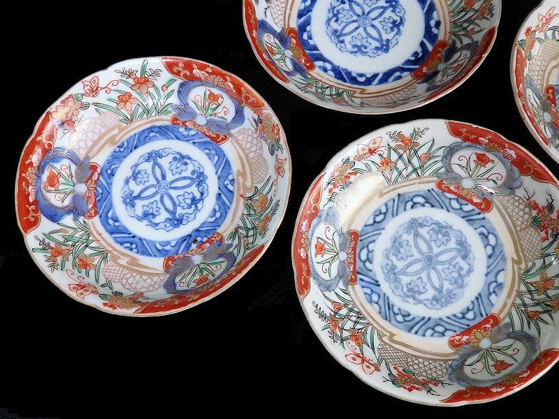 古伊万里　色絵　蝶に菖蒲の図　４寸皿　４枚　C232AS-WWs