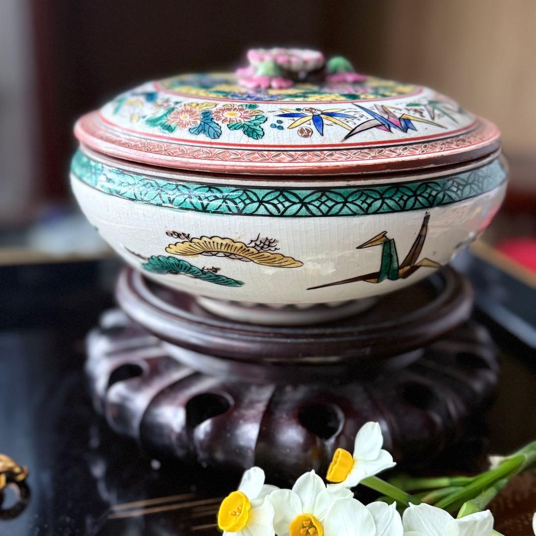 T様へ感謝お嫁入り‼️九谷焼KUTANI あじさい❌鶴❌松 蓋もの食籠作り