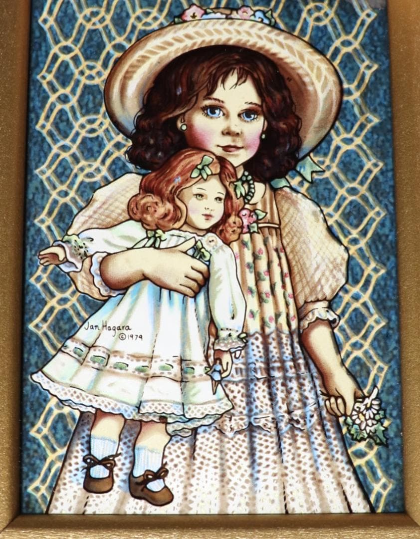 ジャン・ハガラ 少女と女の子の人形 ヴィンテージ ステンドグラス
