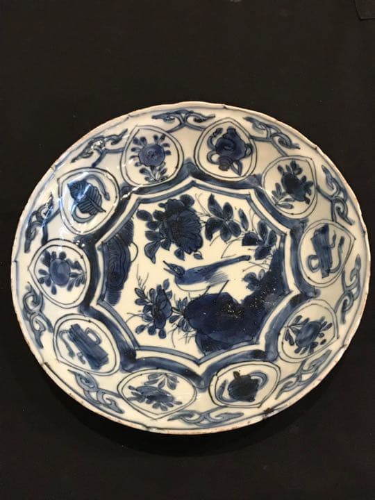 古染付、明末清初期染付芙蓉手　牡丹に岩上鳥の図　中皿　お家で頑張る価格に変更