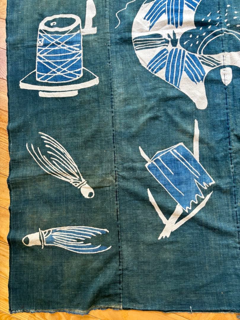 古布 茶道具の筒描 藍染 木綿 緑 木綿 型染め 襤褸 アンティーク