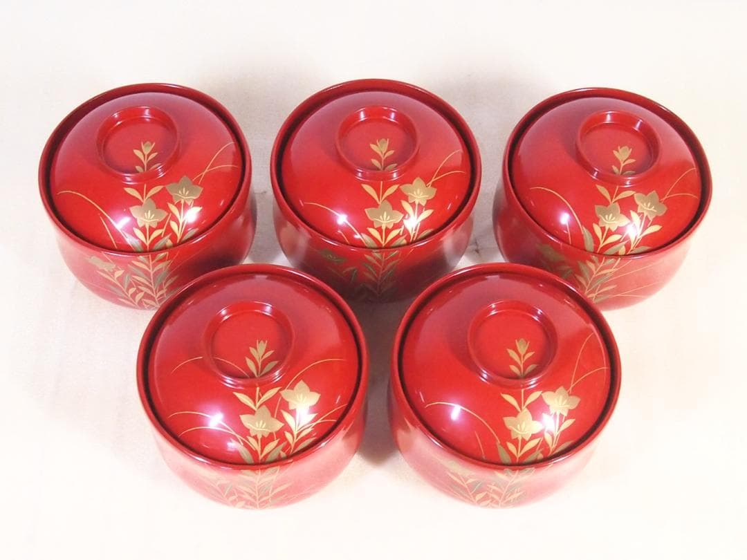 【美品】輪島塗 西久保田漆器店 桔梗蒔絵 小吸物椀 5客 瓢型/朱塗 漆器/食器