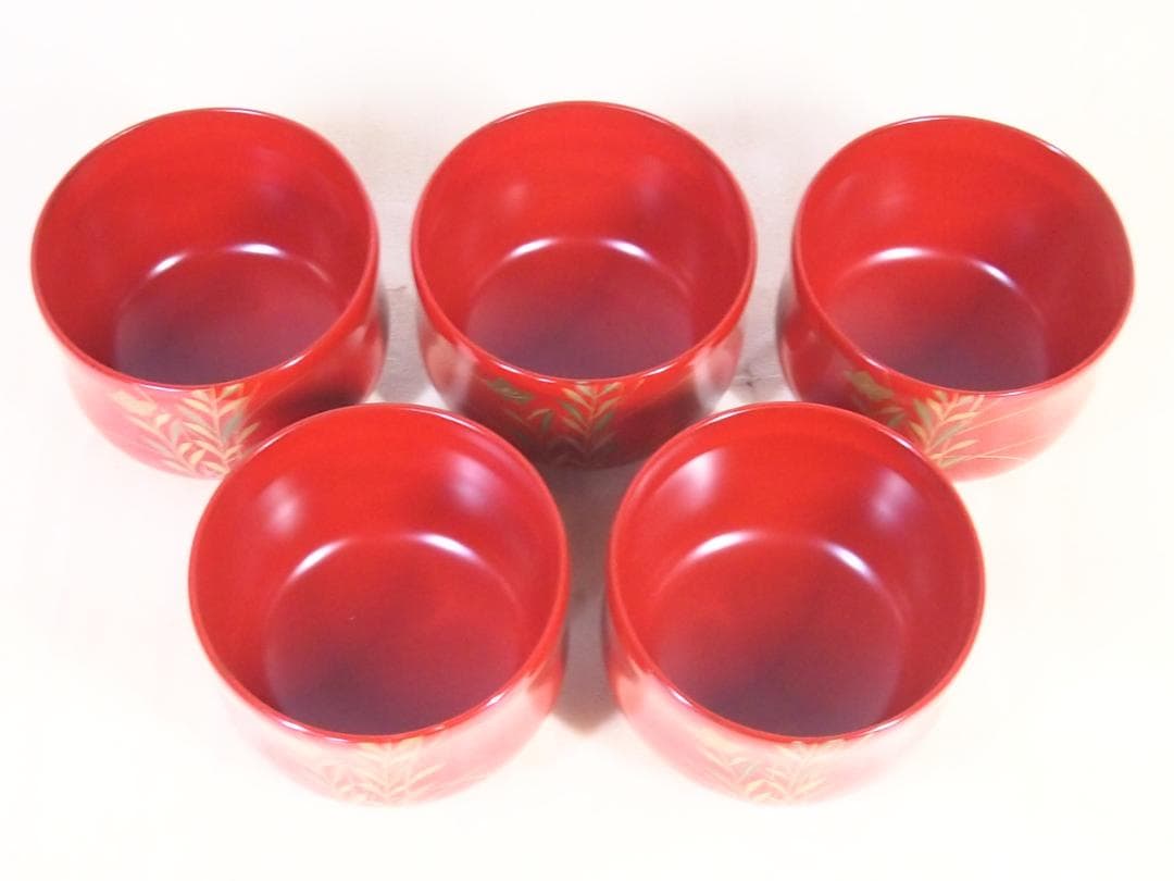 【美品】輪島塗 西久保田漆器店 桔梗蒔絵 小吸物椀 5客 瓢型/朱塗 漆器/食器