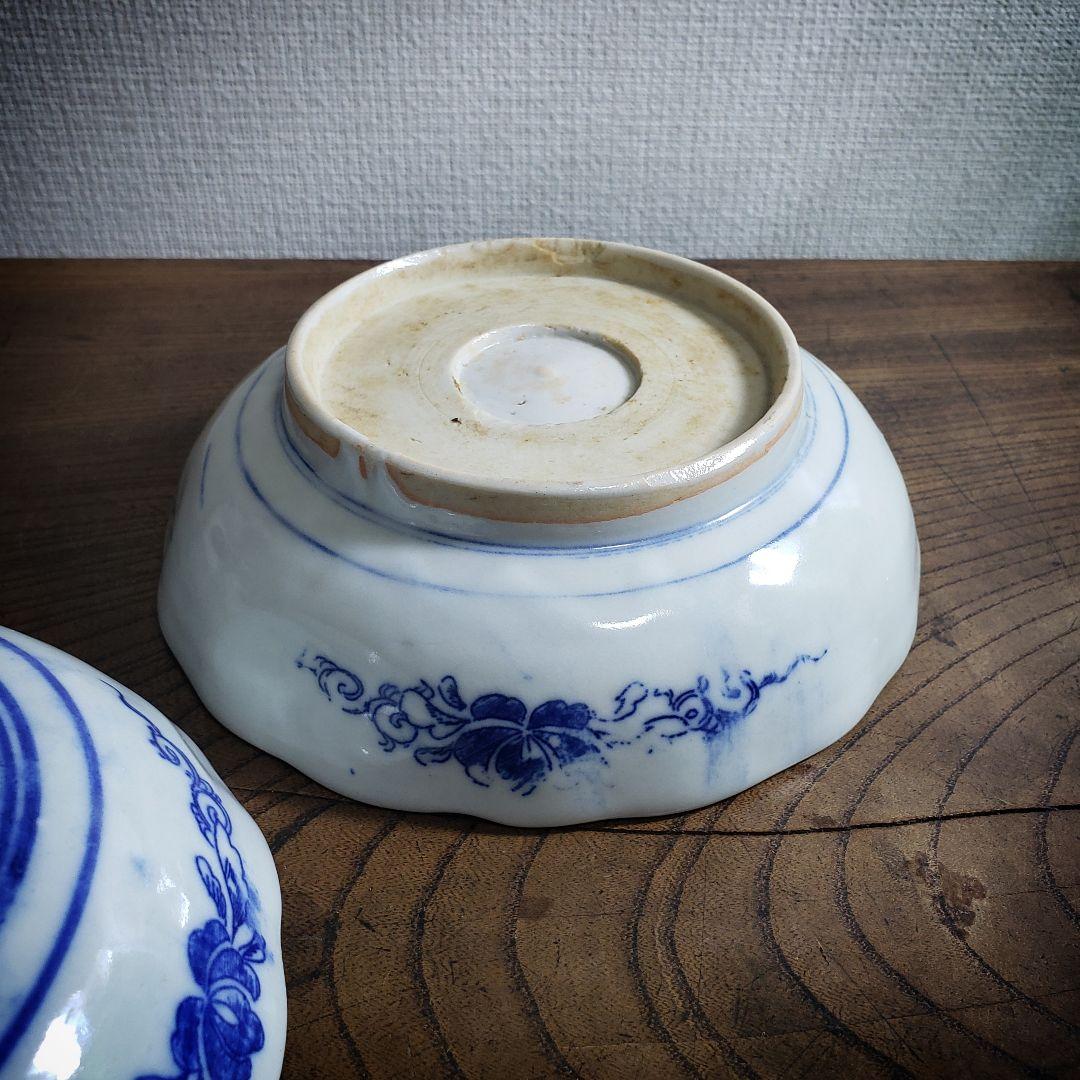 なます皿　色絵付　印判　変わり図柄　明治　大正　モダン唐草　2枚　欠け　ロ号