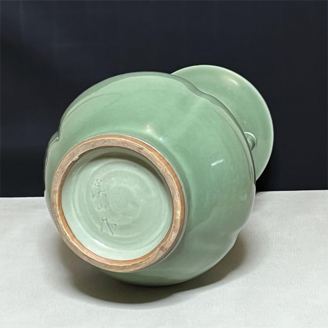 加藤渓山 天龍寺青磁 耳付花瓶 共箱 耳付 花入 花生 茶道具【