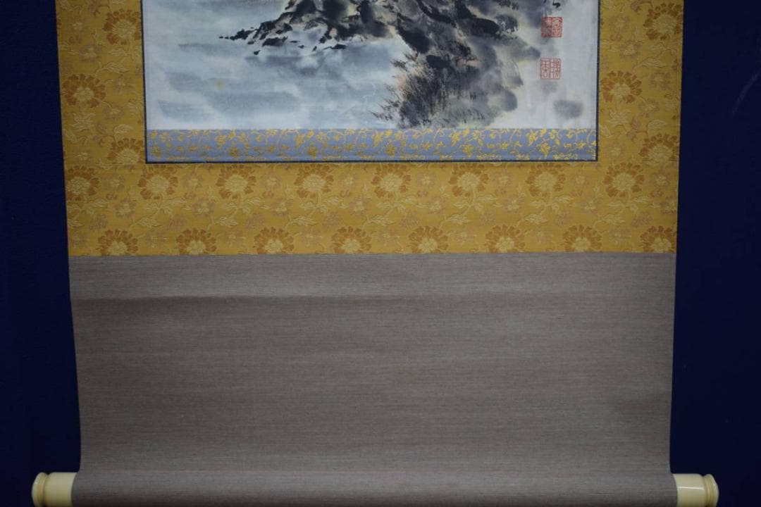 真作/高田勝風/山水人物筏図/彩色山水図/人物/布袋屋掛軸HJ-876