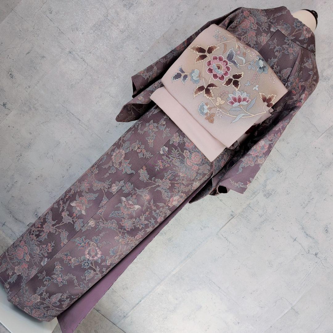 小紋 フルセット 着物 正絹 更紗 暗紫 花 縮緬 おしゃれ D2 - メルカリ