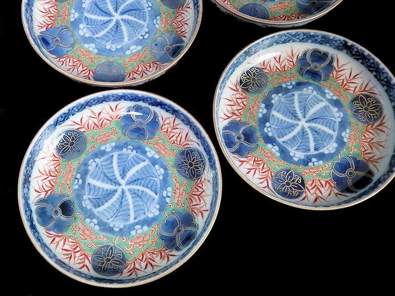 大聖寺古伊万里　金襴手　丸紋に笹の図　４寸皿　４枚　094AS-CAn