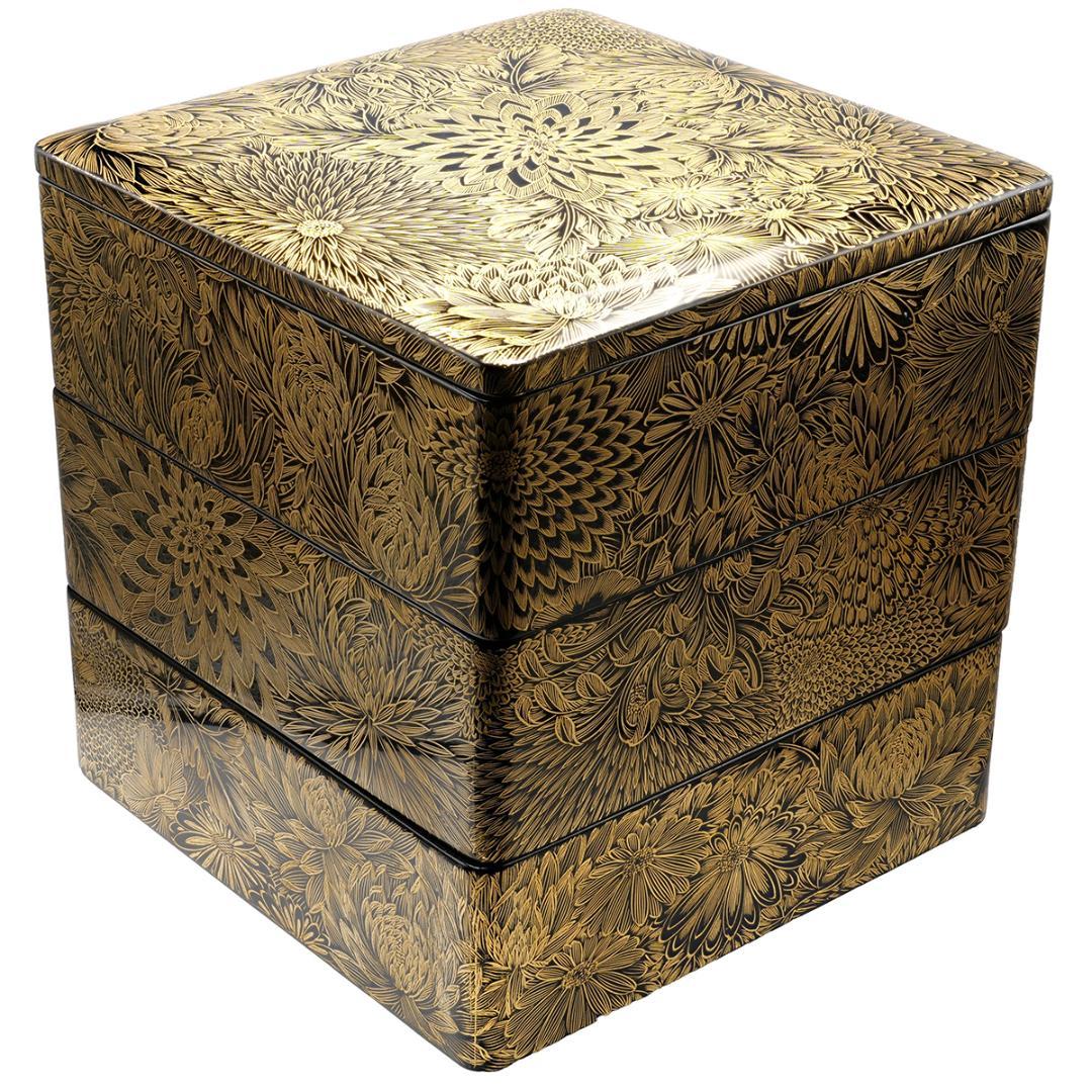 輪島塗風 総沈金菊彫 木製漆塗 大型重箱 内朱 アンティーク 重箱 おせち用