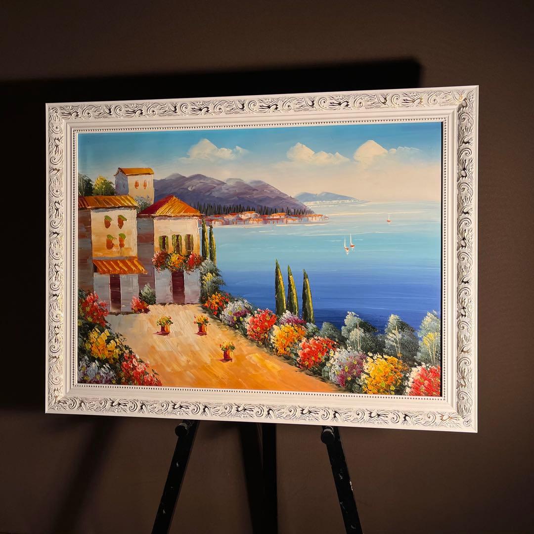 手書き油絵 地中海の風景 額付 肉筆絵画 インテリア 油彩画 - メルカリ