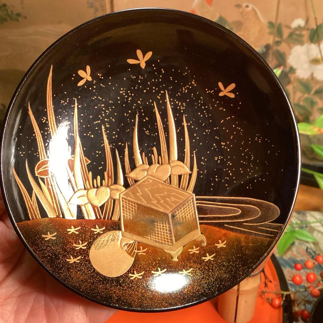 A1035 木製輪島塗　懐石道具　衝羽根に流水菖蒲　蒔絵　5客